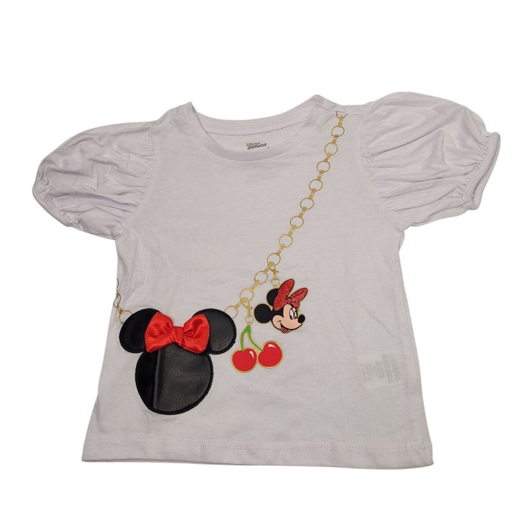 Disney Junior Girls Minnie Mause Printed Short Puffed Sleeve White Shirt Size 5